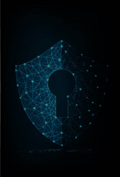 Cyber security concept: Shield With Keyhole icon on digital data background. Illustrates cyber data security or information privacy idea. Blue abstract hi speed internet technology.